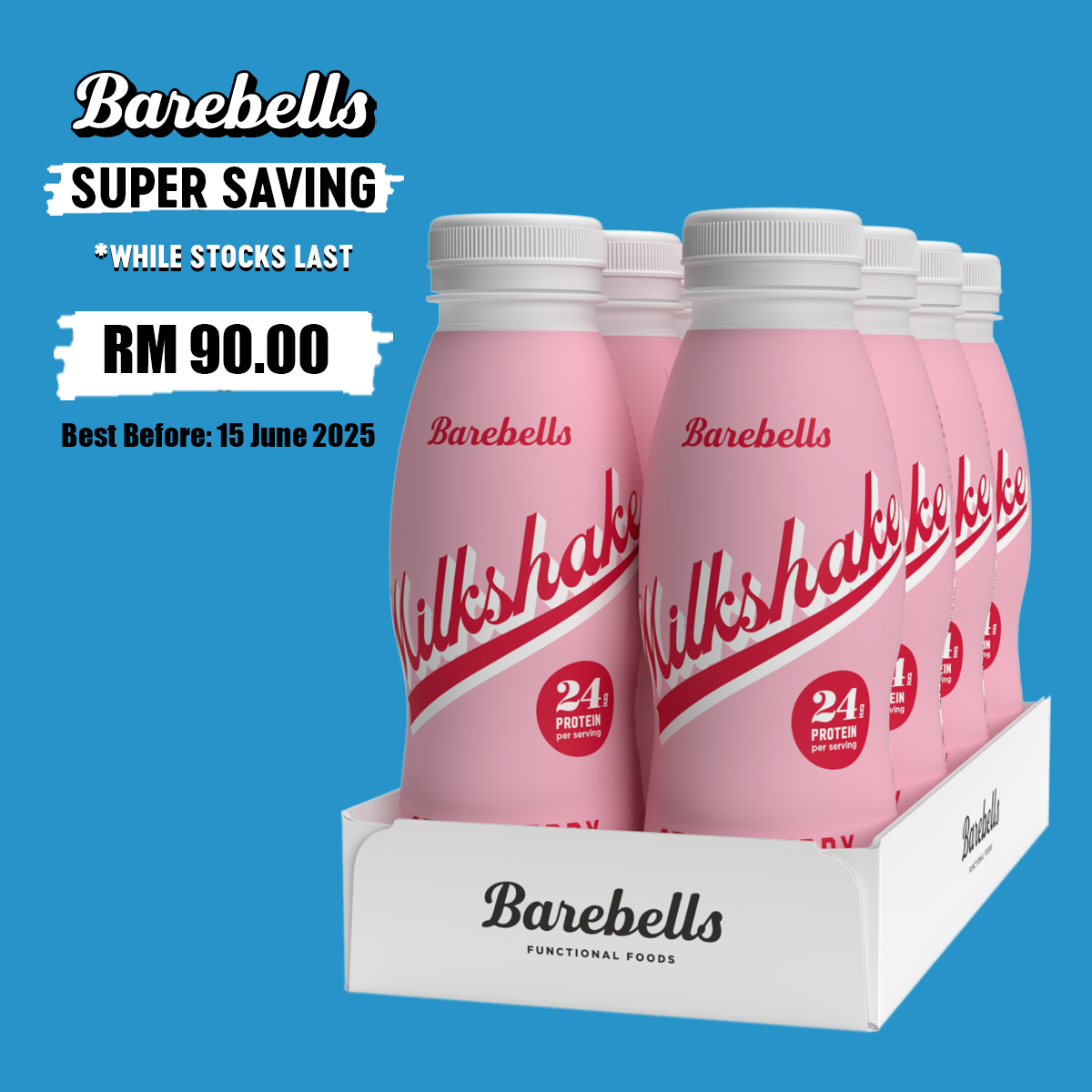 SUPER SAVING Barebells Strawberry Protein Milkshake – Lactose-Free & No Added Sugar (8 x 330ml)