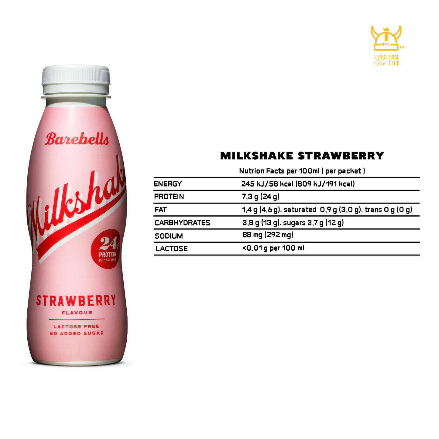 [Barebells] Lactose Free & No Added Sugar Milkshake- Strawberry (1 carton= 8 bottles)