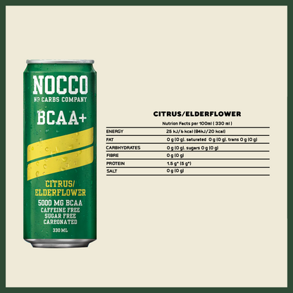 NOCCO BCAA Multi-vitamins Performance Drink - Citrus/ Elderflower ( Non-caffeinated) 24 Cans