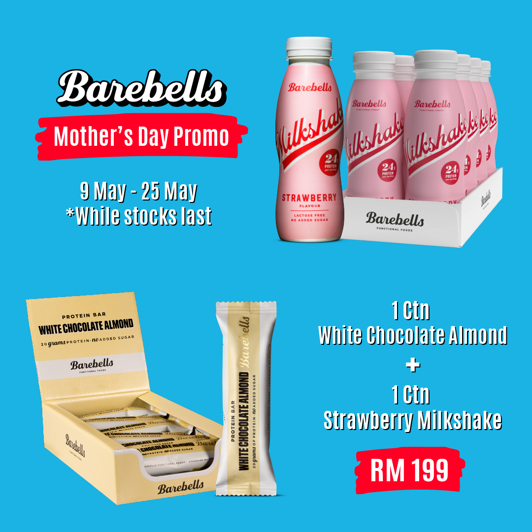 Barebells Mother's Day Special - White Chocolate Almond [1 box - 12 bars] + Strawberry Milkshake [1 carton - 8 btls]
