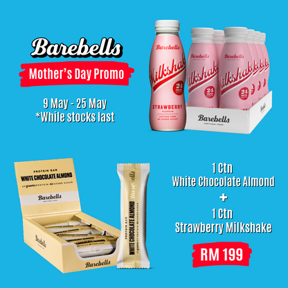 Barebells Mother's Day Special - White Chocolate Almond [1 box - 12 bars] + Strawberry Milkshake [1 carton - 8 btls]