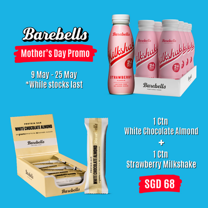 Barebells Mother's Day Special - White Chocolate Almond [1 box - 12 bars] + Strawberry Milkshake [1 carton - 8 btls]