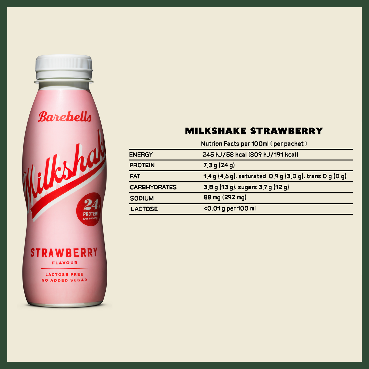 [Barebells] Lactose Free & No Added Sugar Milkshake- Strawberry (1 carton= 8 bottles)