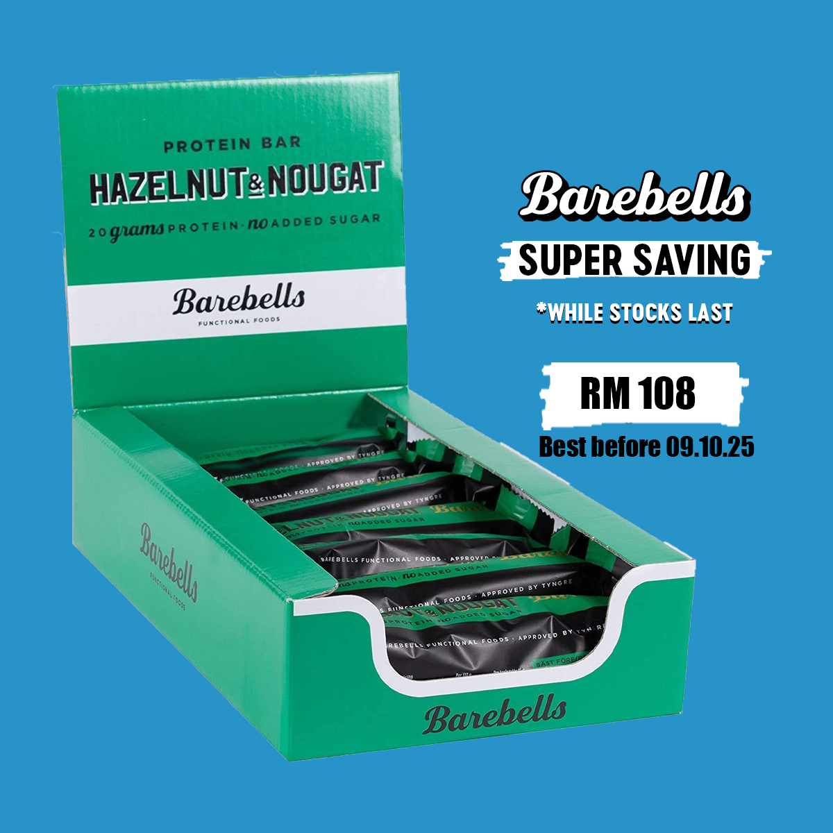 SUPER SAVING BAREBELLS PROTEIN BAR - HAZELNUT & NOUGAT (1 BOX -12 BARS)