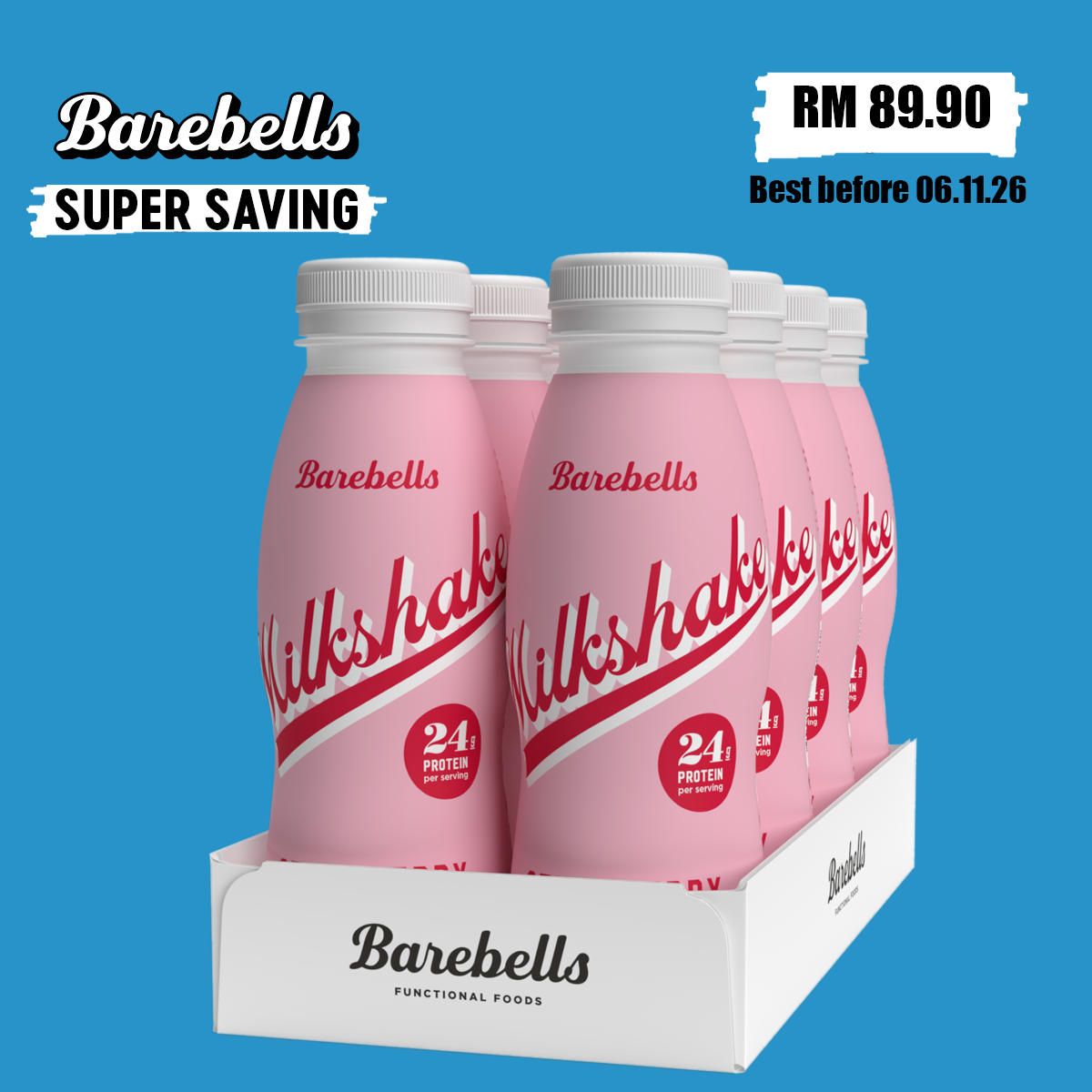 SUPER SAVING Barebells Strawberry Protein Milkshake – Lactose-Free & No Added Sugar (8 x 330ml)