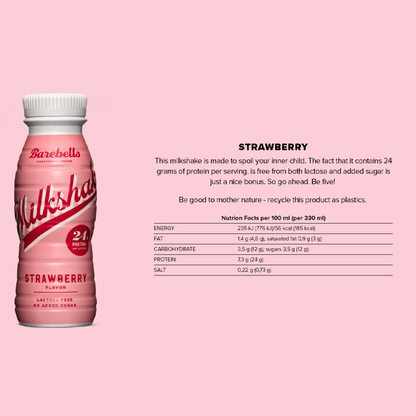 SUPER SAVING Barebells Strawberry Protein Milkshake – Lactose-Free & No Added Sugar (8 x 330ml)